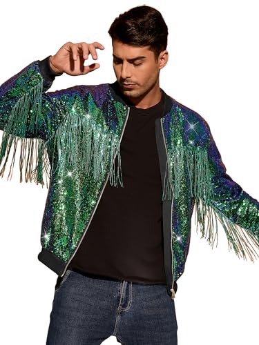 Lars Amadeus Shiny Tassel Jacket for Men's Zipper 70s Disco Sparkly Sequins Baseball Bomber Jackets