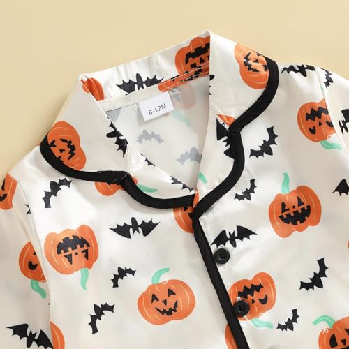 fyclemt Halloween Pajamas Baby Boy Girl Silk Pajamas Floral Pumpkin Ghost Long Sleeve Button Up Shirt Top Pants Pjs Sleepwear4