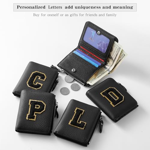 Ini-tial Small Women Wallet Genuine Leather RFID Blocking Bifold Card Holder Ladies Mini Purse with Shiny Gold Border2