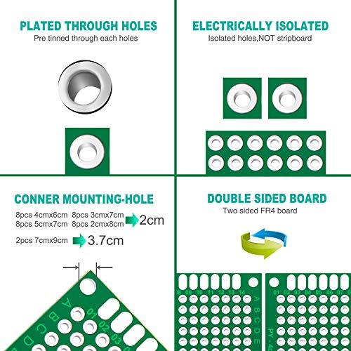 Chanzon 34 Pcs Double Sided PCB Board Tinned Through Holes (5 Sizes 2X8 3X7 4X6 5X7 7x9) Prototype Kit FR4 Printed Universal Circuit Perfboard for DIY Soldering Project Compatible with Arduino Kits