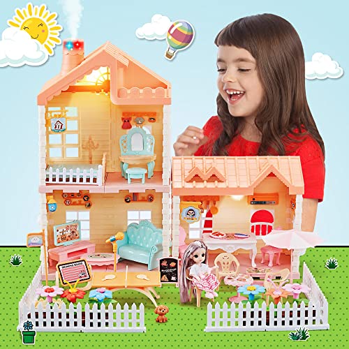 OENUX Dollhouse for Girls, Small Doll House 4-5 Year Old with Pretend Play Furniture,Lights and Flower Garden Building Toy, Princess Castle Dollhouses for Toddler Kids Indoor