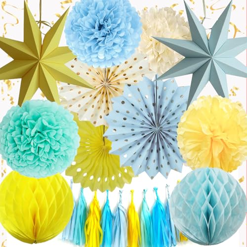 Decoraciones de fiesta azul y amarillo, decoración de cumpleaños azul y amarillo, 15 decoraciones azules para mujeres, hombres, niñas, niños, decoración de fondo colgante para cumpleaños de oso, baby