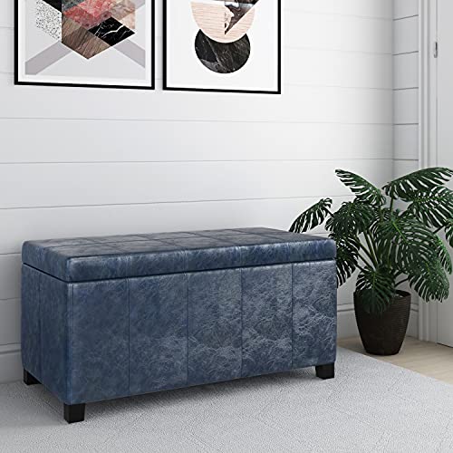 SIMPLIHOME Dover 36 inch Wide Contemporary Rectangle Storage Ottoman Bench in Denim Blue Faux Leather