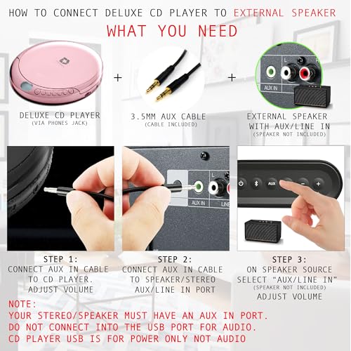 Image of Deluxe Products CD Player Portable with 60 Second Anti Skip, Stereo Earbuds, Includes Aux in Cable and AC USB Power Cable for use at Home or in Car. Pink