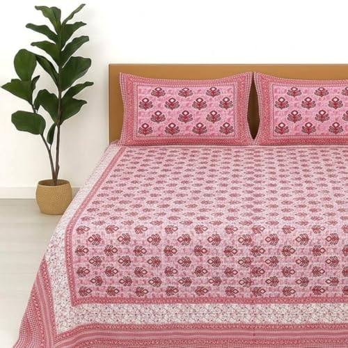 Image of Jaipur Weaves Jaipuri Double Bed Cotton Bedsheet Queen Size 90x85, 120 TC 100% Pure Cotton Bed Sheet with 2 Pillow Covers, Floral Traditional Print (Pink Buta, Double)