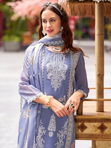 Image of INDO ERA Womens Organza Embroidered Straight Kurta Pant Dupatta Set (IEOUT10604)