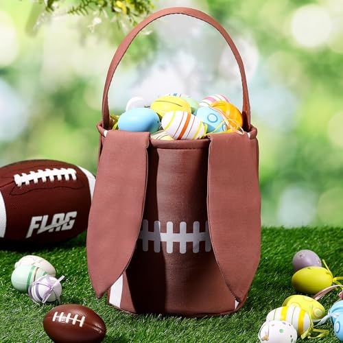 Image of Kacctyen Easter Rugby Bunny Basket Easter Sports Baskets with Rabbit Ears Tote Easter Snack Bags for Easter Egg Hunt Game