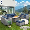 Rattaner Patio Furniture Set with 45-Inch Fire Pit 7-Piece Outdoor Furniture Sets Patio Couch Outdoor Chairs 60000 BTU Propane Fire Pit Table Non-Slip Cushions and Waterproof Covers, Navy Blue