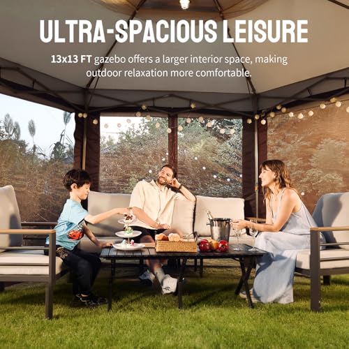 CROWN SHADES 13x13 Pop Up Gazebo with Mosquito Nettings, Patented Center Lock 6-Sided Portable Gazebo, 300D Silver-Coated Fabric UV Resistant, Pop Up Canopy Tent for Patio, Party, Beige&Coffee - Image 5