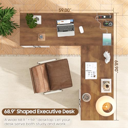 Image of Vabches Wood L Shaped Executive Desk with 6 Drawers, Farmhouse Home Office Desk with Power Outlets and Triangle Under-Desk Storage Shelf & Drawer File Cabinet, Corner Computer Desk, Brown
