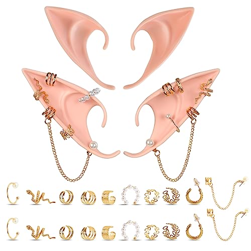 Elf Ears Piercings Earring Cuffs - Halloween Fairy Pixie Soft Pointed Ear with Gold Hoop Pearl Earrings Chain Set,Christmas Party Dress Up Vampire Tips Anime Accessories