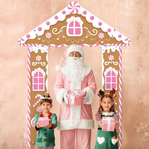 Image of Funrous Door Banner Party Decor Porch Banner Door Sign Set Photo Booth Props Backdrops for Birthday Baby Shower Outdoor Indoor House Porch Decorations (Pink,Gingerbread)