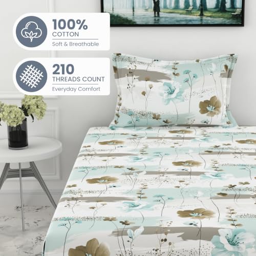 Image of LORETO - A QUALITY LINEN BRAND 210 TC 100% Pure Cotton Single Fitted Bedsheet with 1 Pillow Cover for 78 x 36 Inch Mattress, All-Around Elastic, 8 Inch Deep Pocket, Light Green & Beige