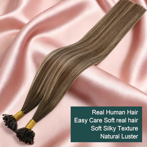 Image of Easyouth U Tips Hair Extensions Brown, Invisible Keratin Hair Extension | 14 Inch 50G 50S, U Tip Hair extension, Balayage Chocolate Brown Mix Caramel Blonde, Hot Fusion Hair, for Women