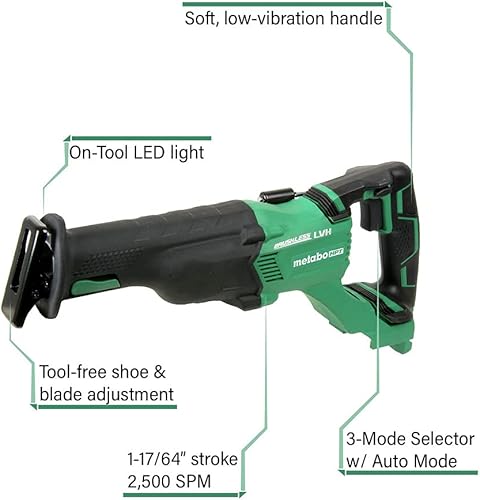 Miniatura 2 de Metabo HPT Sierra recíproca inalámbrica  Solo herramienta  Sin batería  Selector de 3 modos con modo automático  Sistema de cambio de hoja sin