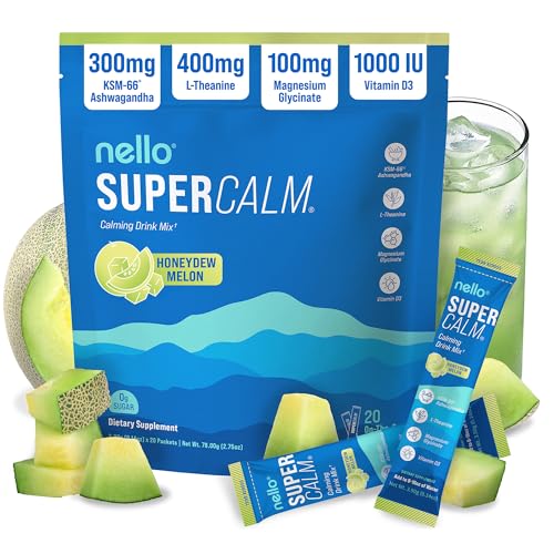 Image of Nello Supercalm Powdered Drink Mix, Cortisol Reducer and Sleep Aid Supplement, L Theanine, Ksm-66 Ashwagandha, Magnesium Glycinate, Vitamin D 3, No Sugar, Non GMO, On The Go, 20 Ct, Honeydew Melon
