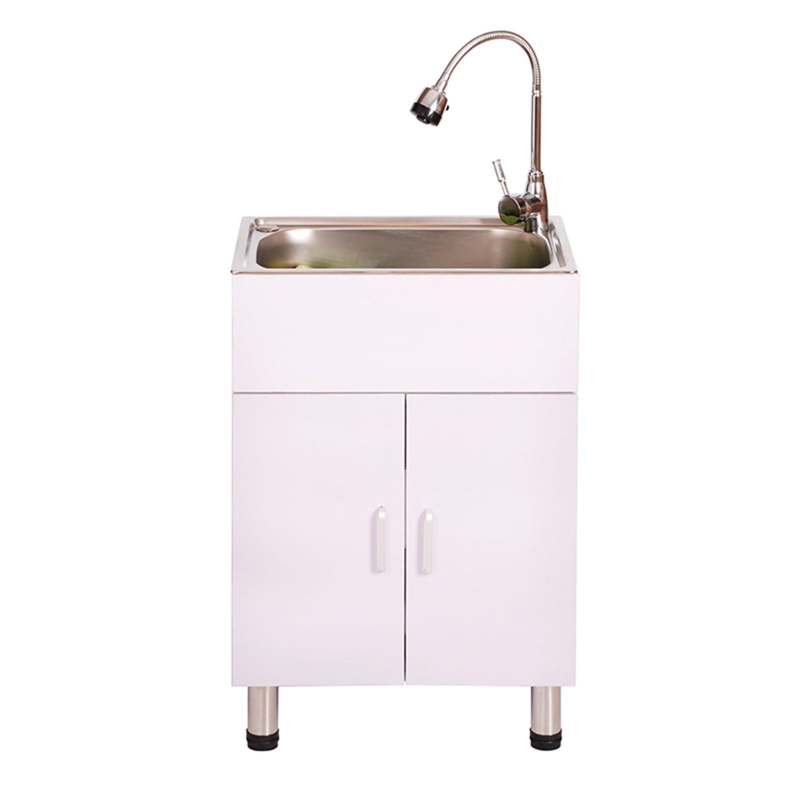 Lavello autoportante in acciaio inox con armadio, 52 x 38 x 75 cm, bianco, 2 fori, scolapiatti, spazzolato, lucido, rubinetto dell'acqua calda e fredda, lavanderia, cucina, G, bianco, taglia unica