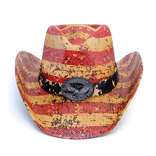 Old Stone Straw Cowboy Cowgirl Hat For Men Women Wide Brim Sun Hat Western Style (American Flag) #TOP1