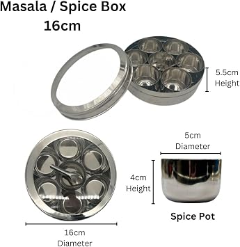 C&S Homestore Round Masala Spices Dabba Box 16cm Stainless Steel With Clear Lid, 7 removable pots and 1 Spoon