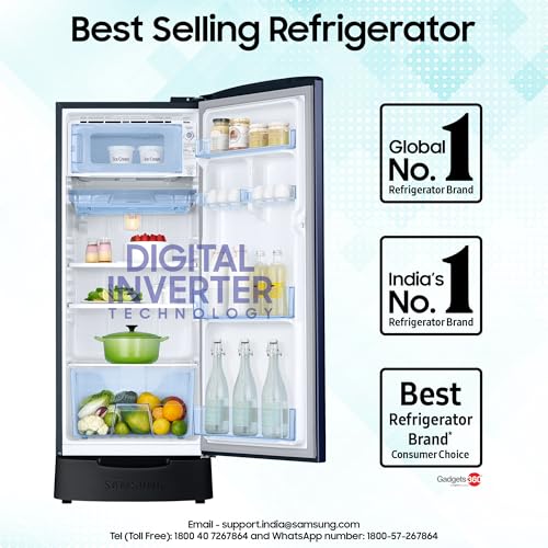 Image of Samsung 183 L, 4 Star, Digital Inverter, Direct-Cool Single Door Refrigerator (RR20C1824HV /HL, Himalaya poppy Blue, Base Stand Drawer)