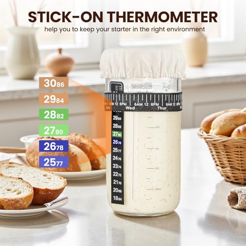 Thyme Space Sauerteig-Starter-Set, 730ml Sauerteig-Starter-Set mit Holzdeckel und Stoffabdeckung, Datumsmarkierung, Thermometerband, Sauerteigbehälter für die Herstellung von Brot