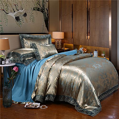 MAHPKYZ Silk Bed Sheets Double,Satin Silk Duvet Cover Sets With Pillowcase, Luxury Satin Jacquard Bedding Set, European Silk Lace Duvet Cover Sheet Pillowcase, Wedding Duvet Cover,22,200 * 230