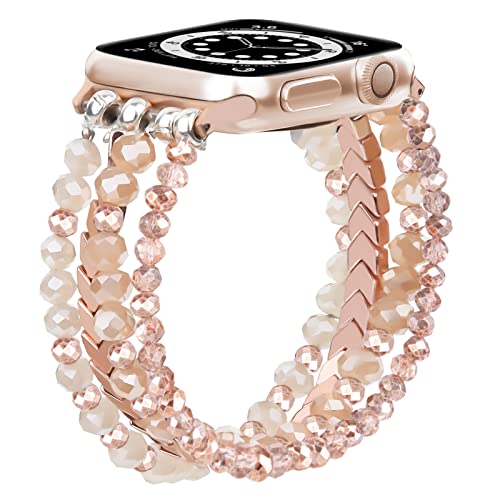 Image of MOFREE Beaded Bracelet Compatible for Apple Watch Band 38mm 40mm 41mm 42mm 44mm 45mm Women,Fashion Handmade Elastic Stretch Strap for iWatch Series SE 8 7 6 5 4 3 2 1
