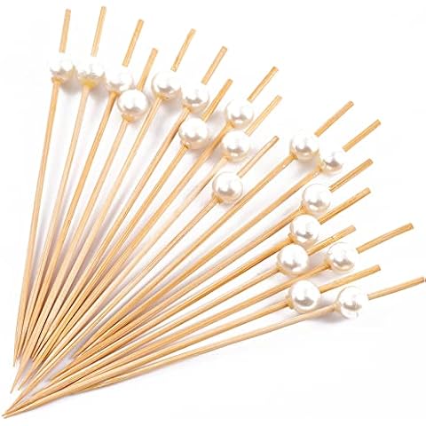 PuTwo Cocktail Sticks 100 Counts Wooden Toothpicks for Nibbles Tapas Sandwich Canopes Appetisers - White Pearl Cover
