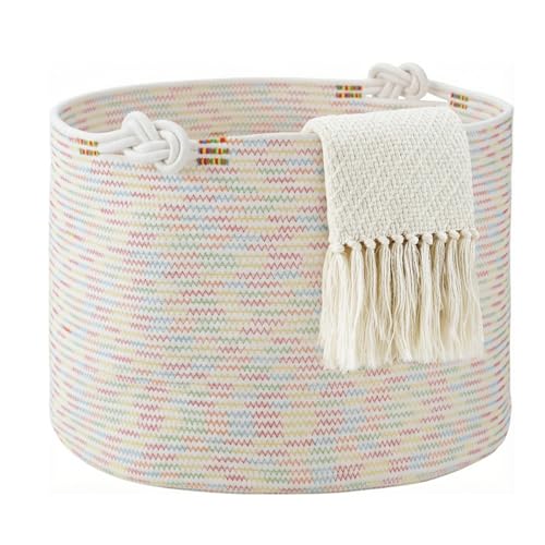 COSYLAND Large Woven Storage Basket, Cotton Rope Collapsible Basket for Living Room, Laundry, Bathroom, playroom, Organizing Hamper with Handles (Pastel Colors, 19.7" x 19.7" x 13.8", 87.5L) by COSYLAND - Used condition - CA$22.07