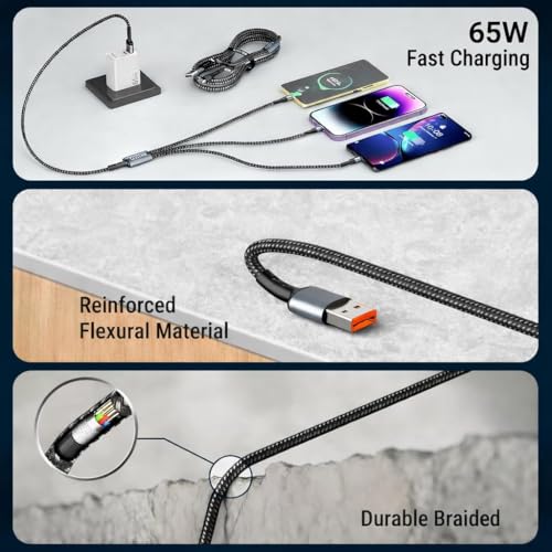 Image of 3-in-1 65W Multi Fast Charging Cable - 5A Nylon Braided 4FT Cable with Type-C & Micro USB for iPhone, iPad, Samsung,OnePlus,Xiaomi, Oppo,Vivo,Android & Car Charging (Black)