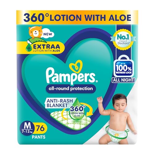 Image of Pampers Complete Skin Comfort Pants, Anti-rash blanket, Lotion with Vitamin E & Aloe Vera, Medium (M), 76 Count, 7-12kg (Pack of 3)