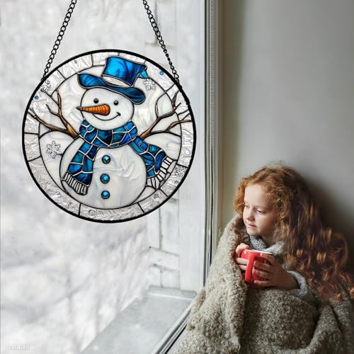 Image of DASTOLL Stained Glass Window Hanging Christmas Snowman Blue White Large 15 inch - Suncatcher Door Garden Sun Catcher Home Decor Birthday Mother's Day Xmas Gift for Mom Men Woman Her Nana Parents Girl