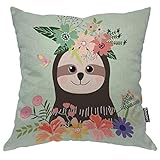 Moslion Throw Pillow Cover Sloth 18x18 Inch Cute Cartoon Animal Botanical Art Flower Nature Smile Su