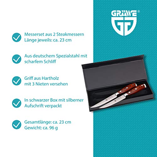 GRÄWE Steakbestekset, 2 steakmessen met scherp lemmet van Duits speciaal staal (Duits staal) en handvat van hardhout, steakbestek in zwarte geschenkdoos - Image 3