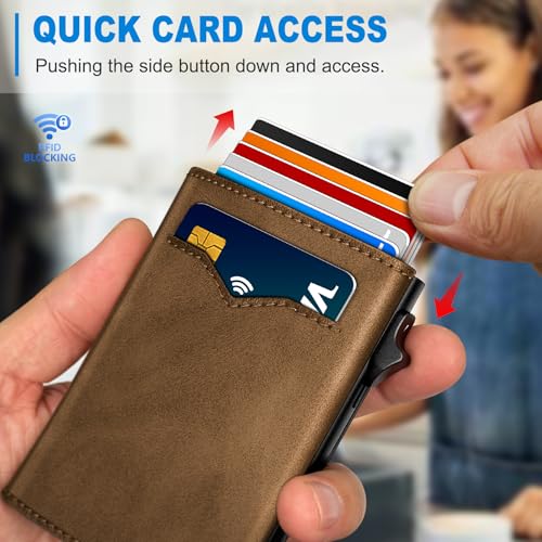 Image of miyozi Wallet for Men,with Cash Pocket 2 ID Window 9-13 Cards,Metal Case Smart Slim Pop Up Credit Card Holder Flip with Magnetic Closure RFID Blocking Trifold wallet with Gift Box