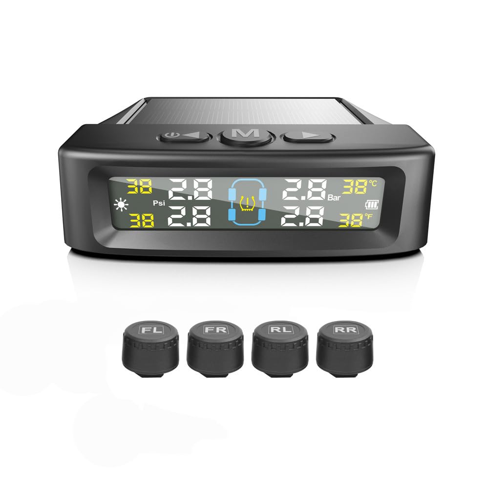 TPMS Reifendrucküberwachungssystem, Solar-Reifendrucksensor mit 4 externen Sensoren & LCD-Display, 0-73PSI drahtloses Auto-Reifendruckmessgerät Echtzeit-Alarmsystem (Schwarz)