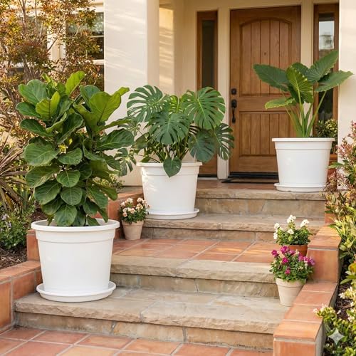 Image of 12 Inch Glossy White Plastic Planter with Bottom Plate | Heavy Duty Flower Pot with Tray for Indoor Home Decor, Balcony, Living Room & Outdoor Garden (3 Pot, White)