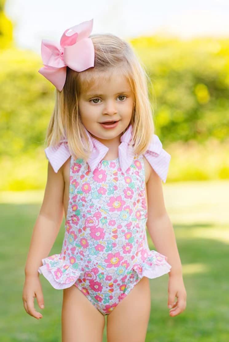 Filgriox Toddler Kids Girl Swimsuit Flower Bathing Suit Swimwear One Piece Bowknot Sleeveless Swimming Suit Beachwear (Bowknot Pink, 4-5 Years)