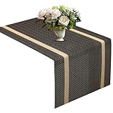 FAVE Woven Vinyl Table Runner 72x12 Inches Heat Resistant Table Runner Wipeable Waterproof Brown Table Runner Woven with Golden Threads for Wedding, Banquet,Party, Restaurant(Brown-72x12)