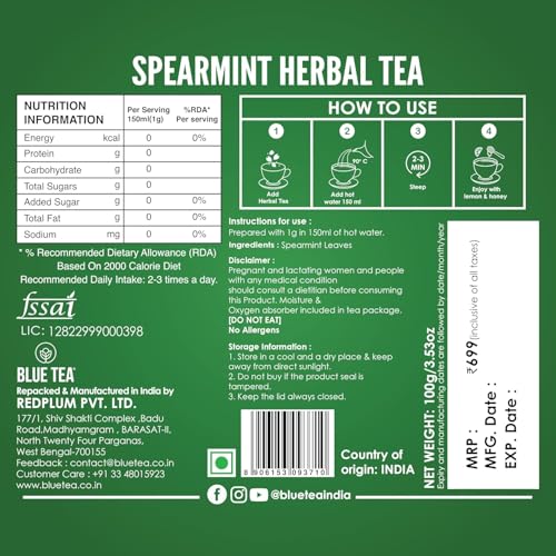 Image of BLUE TEA - Spearmint Herbal Tea - 100 gm -100 Cups (Pack of 4) | Pcos Relief | Balances Hormones, Reduces Facial Hair & Acne and Supports Digestion | Herbal Tea - Dried Loose Leaf - Caffeine Free | Reusable Pet Jars
