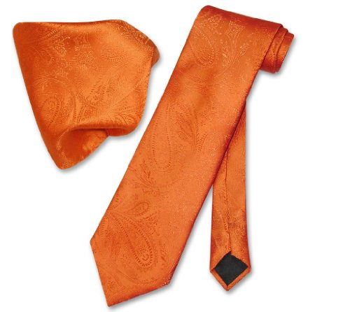 Vesuvio Napoli Burnt Orange PAISLEY NeckTie & Handkerchief Matching Neck Tie Set
