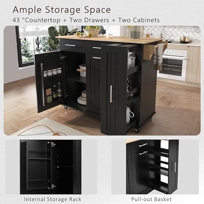 Kitchen Island with Drop Leaf, Kitchen Storage Cart with 3 Tier Pull Out Cabinet Organizer, Internal Storage Rack, Rolling Kitchen Cart on Wheels with Towel Rack, 2 Drawers, for Kitchen (Black)-W0Vil7JK