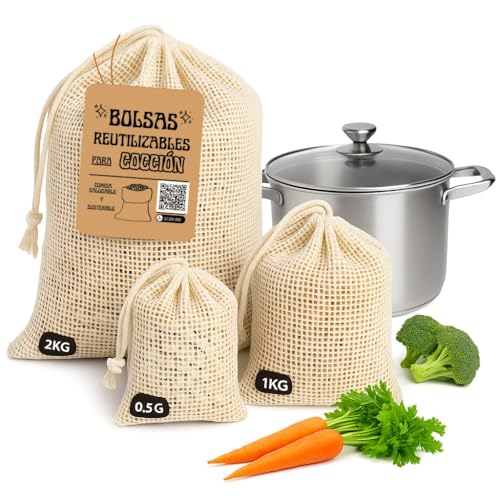 Set de 3 Bolsas de Red de Malla Reutilizables para Cocer Garbanzos, Alubias, Legumbres y Verduras (0.5kg, 1kg, 2kg) - Algodón Natural Sin BPA, Lavables - Ideales para Cocidos, Caldos e Infusiones.