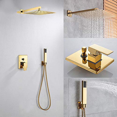 Wieoc Wall Mount Golden Shower Faucets Set Ultrathin Rainfall Gold Shower Hot Cold Water Mixer Tap Bathroom Gold Shower Kit-2-way 8inch