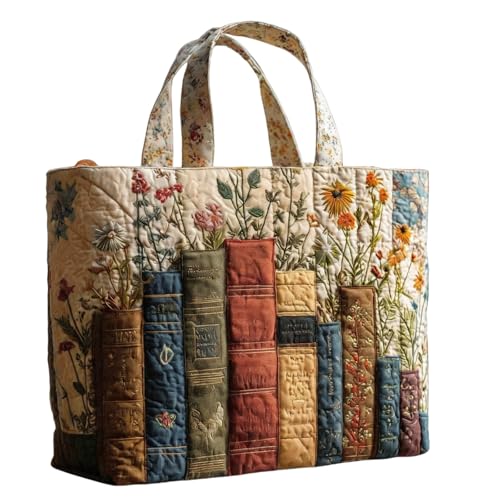 KUNYOS Book Print Quilted Tote Bags for Women Multi-Size Top Handle Daily Handbag (A Horiz.M(15.0×3.9×13.8))