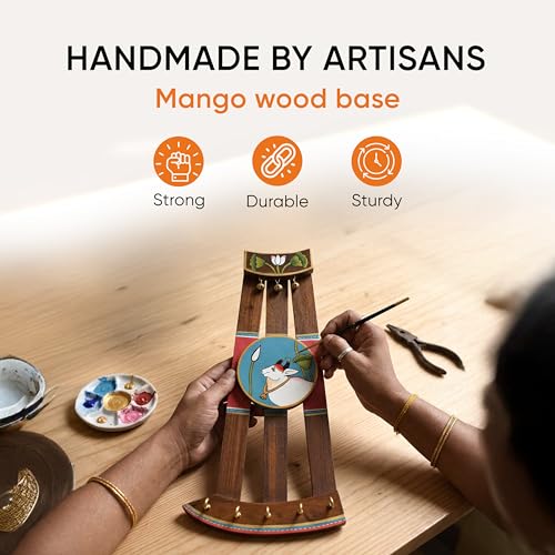 Image of AAKRITI ART CREATIONS Key Holder, Pichhwai Cow Key Hangers | Rustic Teak Wood Wall Organizer with 5 Hooks | New Home Gifts | Multifunctional Entryway Decor Item
