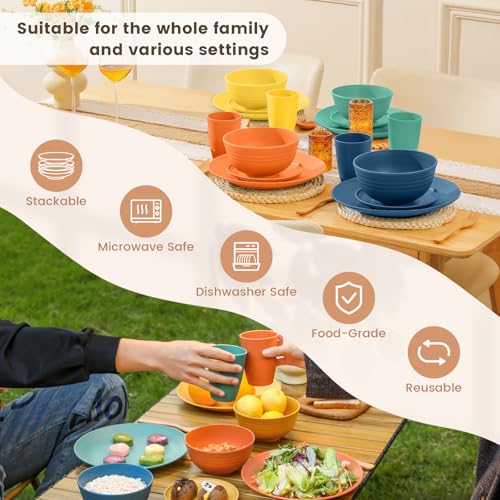Image of Homienly Dish Set Wheat Straw Dinnerware Sets Unbreakable Reusable Dinnerware Set 16 PCS Cups Plates and Bowls Sets, Microwave and Dishwasher Safe Dishes for Camping, Outdoor - Colorful