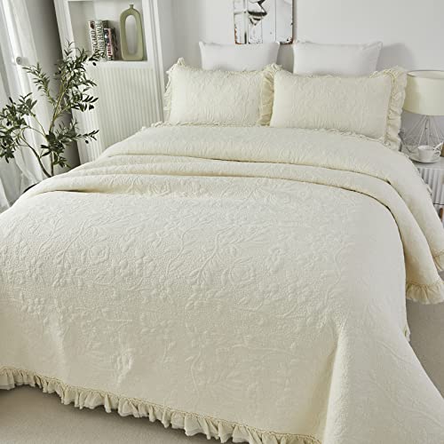 Brandream 20230516QS001 Cream Yellow White Quilt Set Queen Size Cotton Matelasse Bedding Luxury Ruffle Bedspread 3-Piece thumb #5