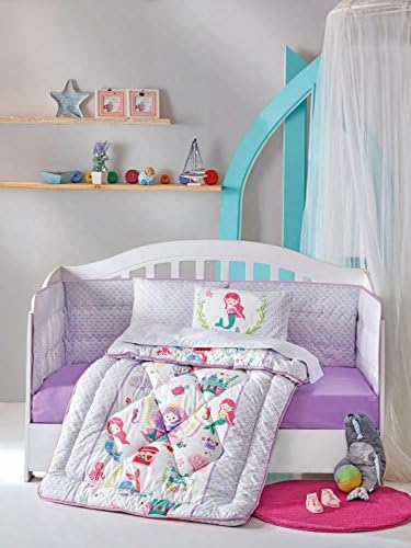 DecoMood Princess Mermaid - 100% Cotton Nursery Crib Set for Girls, 6 Pieces Baby Comforter/Quilt Set with Crib Bumper, Comforter, Crib Sheet, Pillowcases