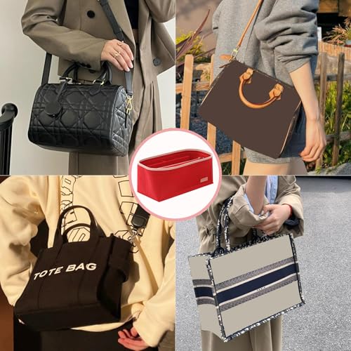 Image of Doxo Purse Organizer Insert & Base Shaper 2pc Set, Felt Handbag Bag Fit LV Speedy & Neverfull More (L-Red)